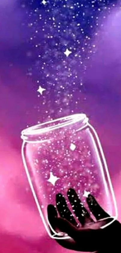 Hand holds cosmic jar with stars against pink and purple backdrop.