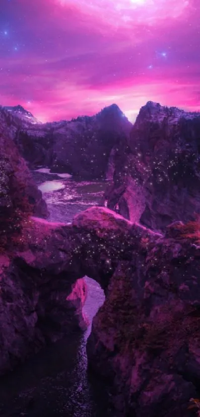 Purple cosmic landscape with mystical mountains and glowing skies.