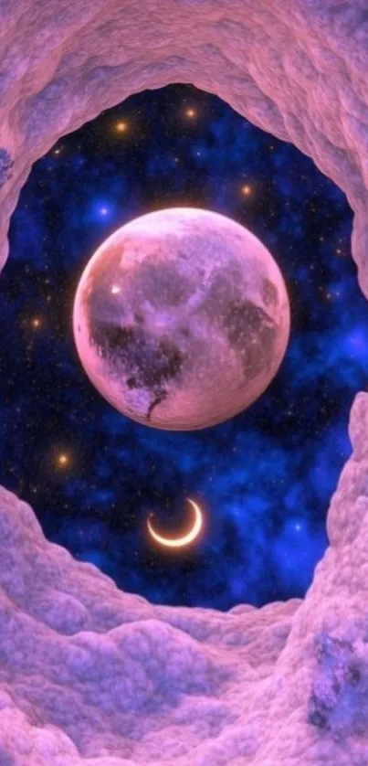Enchanting cosmic scene with moon and stars.