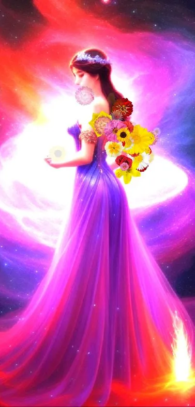 Enchanting cosmic princess in vibrant galaxy setting for mobile wallpaper.