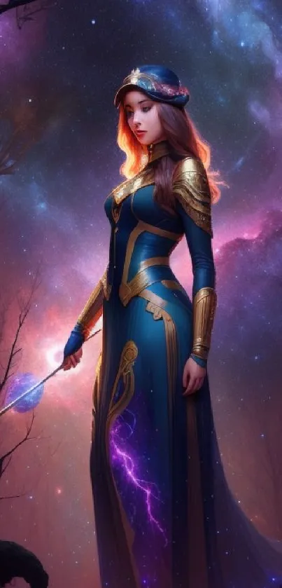 Cosmic princess in a galaxy-themed background, vibrant and mystical.