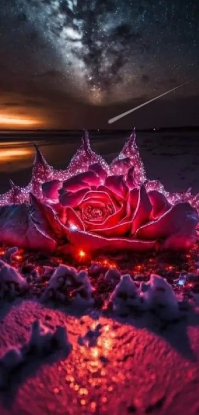 A glowing rose under a cosmic night sky with enchanting colors and stars.