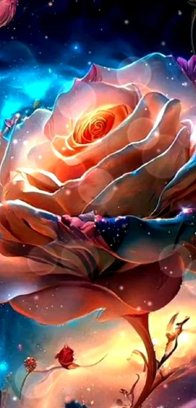 Cosmic rose artwork with vibrant colors and celestial background for mobile wallpaper.