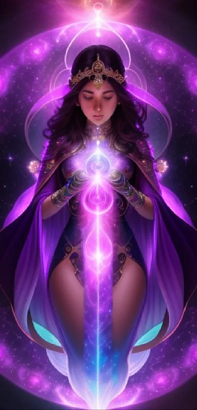 Fantasy goddess with a purple cosmic aura in mystical digital art style.