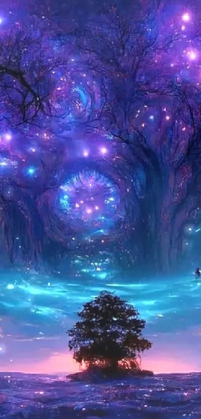 Enchanting cosmic tree with starry purple sky in a fantasy landscape wallpaper.