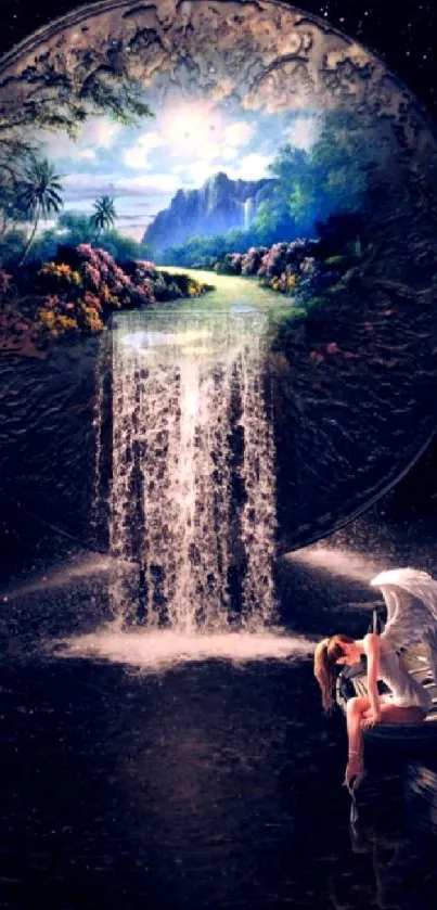 Fantasy cosmic landscape with waterfall art.