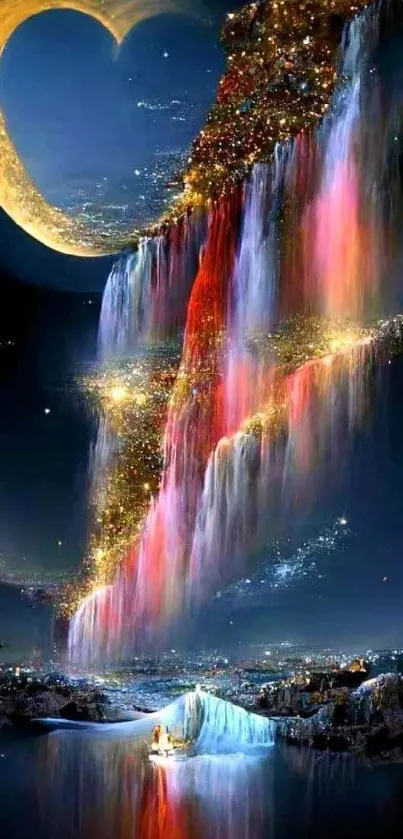 Magical cosmic waterfall with heart-shaped moon in vibrant colors.