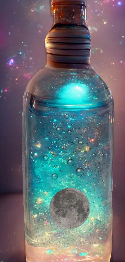 Mystical glowing bottle with cosmic stars and a moon against a space-themed backdrop.