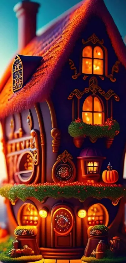 Fantasy cottage wallpaper with glowing lights and vibrant colors.