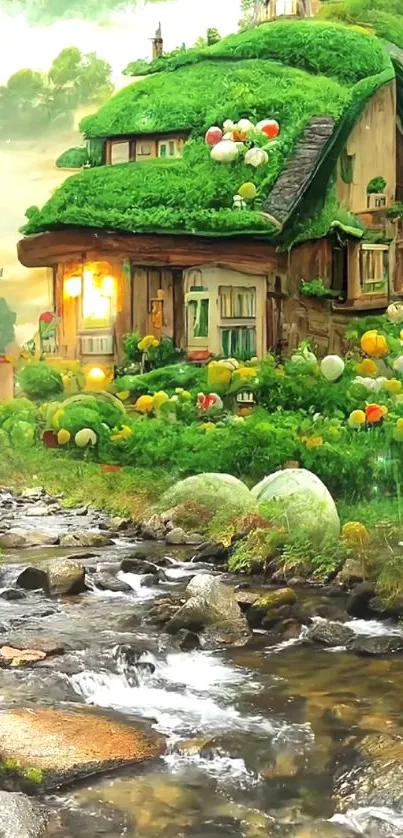 Fairytale cottage by a lively stream in lush greenery.