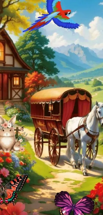 Enchanting village with horse cart and butterflies in a fantasy scene.