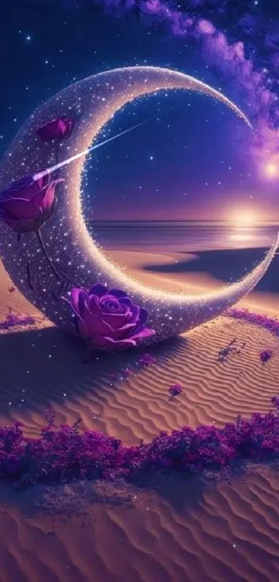 A vibrant crescent moon with purple roses on a starry desert night.