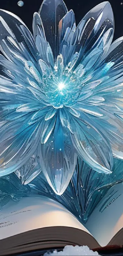 Open book with icy crystal flowers on snowy background.