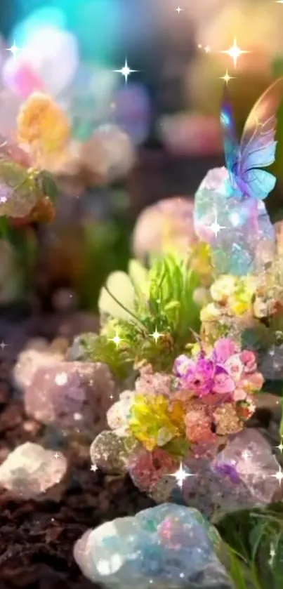 Enchanting crystal forest with butterfly and glowing stones.