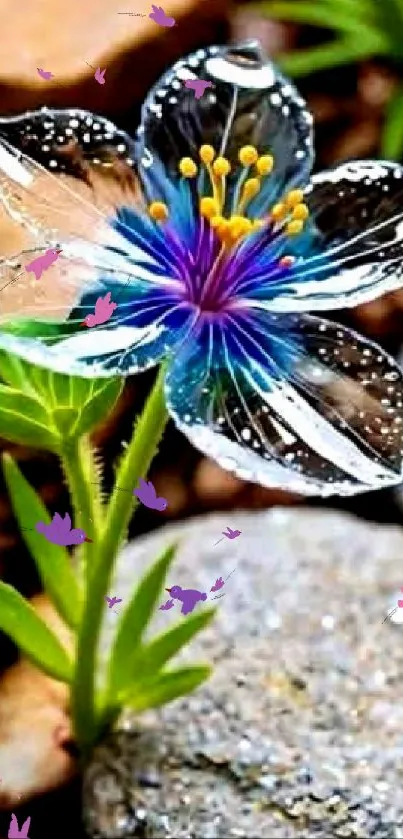 Vibrant crystal flower with colorful petals in a serene nature setting.