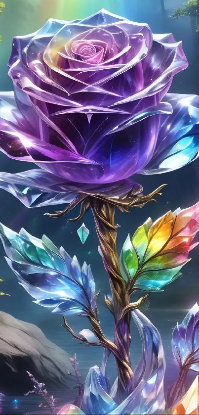 Enchanting crystal rose with vivid colors in a fantasy landscape.