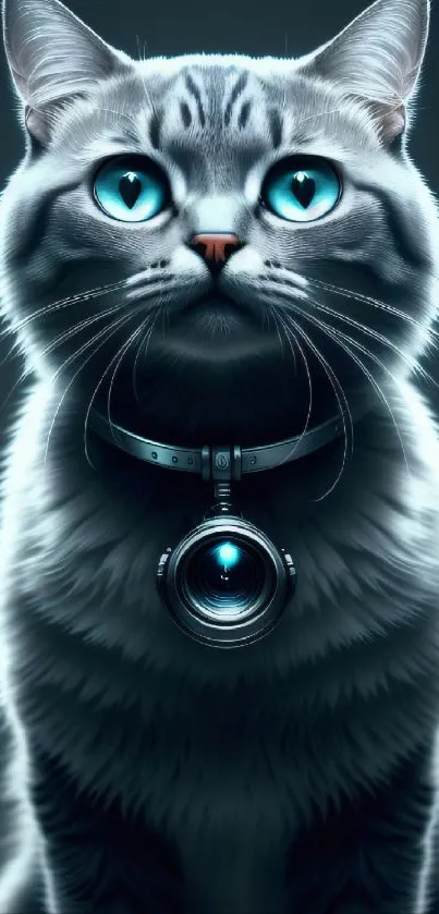 Digital cat with neon blue eyes and collar in a dark setting.