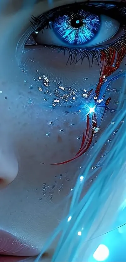 Close-up of a futuristic, glowing blue eye with cyberpunk design elements.