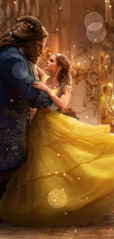 Enchanting dance scene with a beautiful gown in a fairy tale setting.