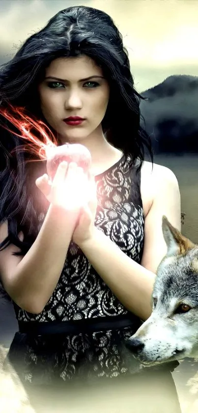 Dark fantasy wallpaper with mysterious woman and wolves.