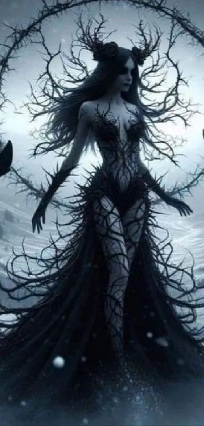 Mystical gothic figure with thorns and butterflies in fantasy art.