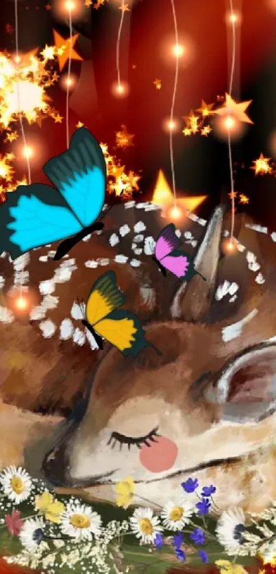 A sleeping fawn surrounded by butterflies and glowing stars on a dark red background.