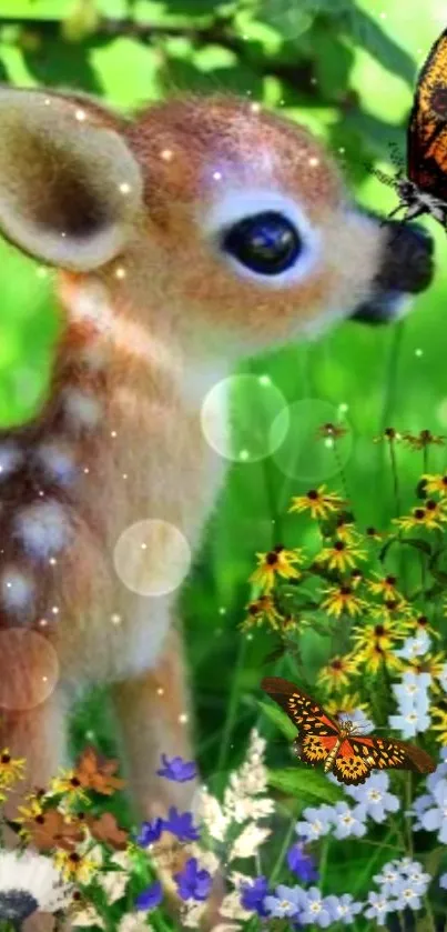 A fawn with butterflies among flowers in a lush green setting.