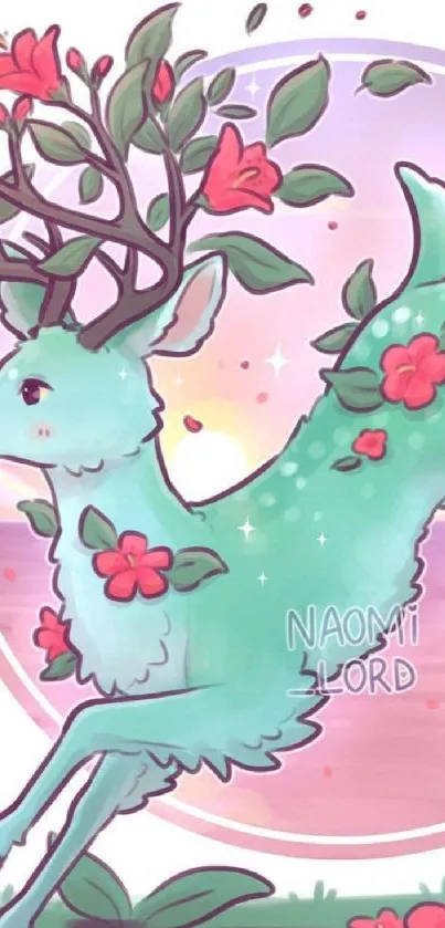 An enchanting deer with floral antlers in a pastel fantasy setting.