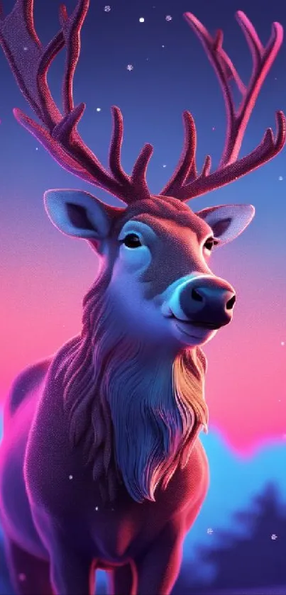 Colorful fantasy deer in a glowing forest scene with purple tones.