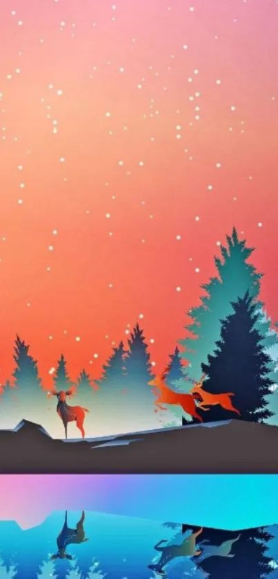 Deer family in colorful forest landscape with sunset.