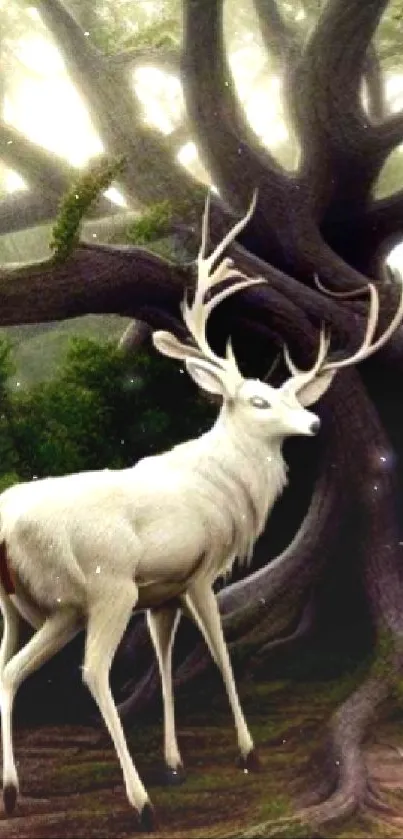 Majestic white stag in a mystical forest wallpaper.