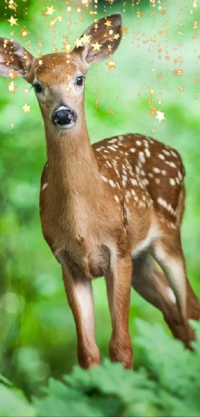 Young deer in a lush green forest with magical starry effect.