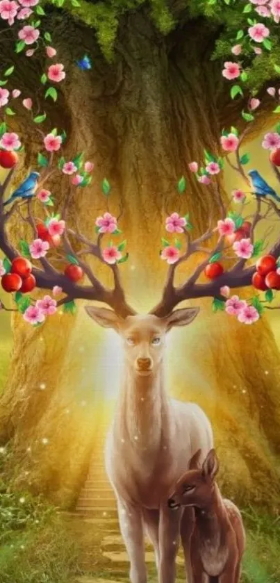 Deer with flower antlers beneath a magical tree in forest.