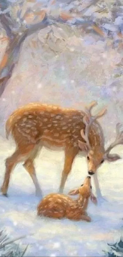 Peaceful winter scene with deer in a snowy forest, embracing soft pastel colors.