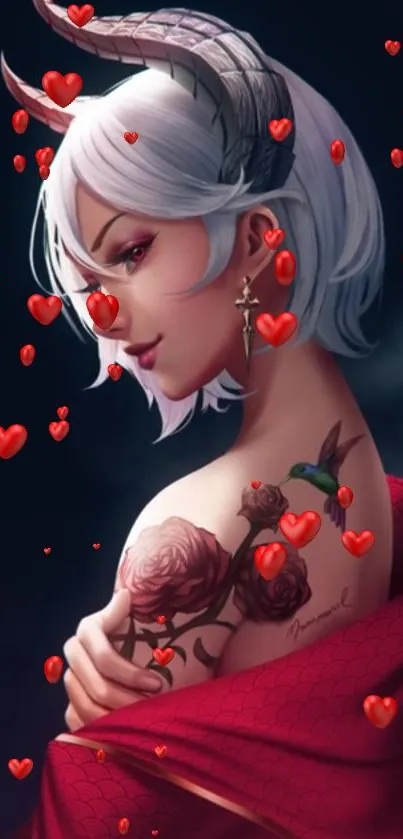 Illustrated demon character with red hearts on a dark background.