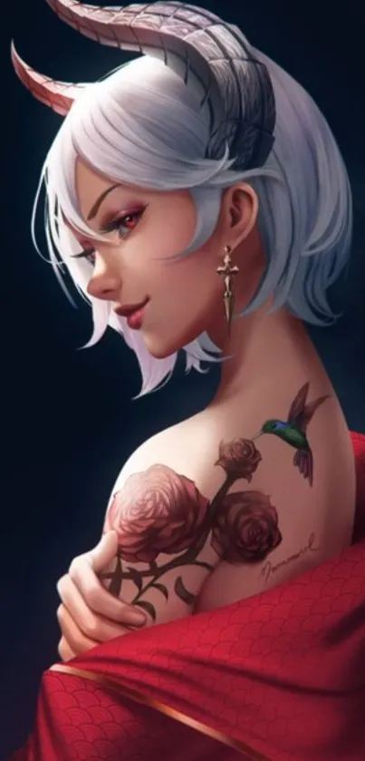 Anime-styled demon character with white hair and floral tattoo in vibrant colors.