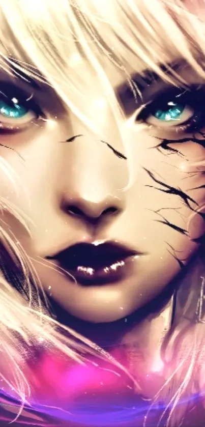 Ethereal digital art of a striking face with blue eyes and vibrant colors.