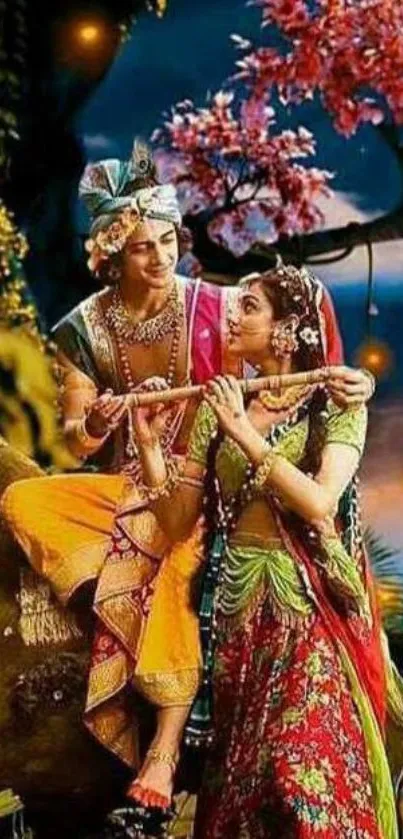 Divine couple in colorful traditional attire surrounded by nature.