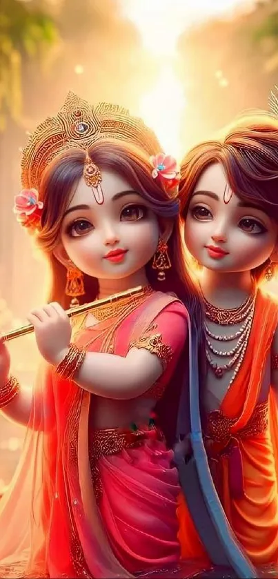 Divine duo with flute, colorful attire, and serene background for mobile wallpaper.