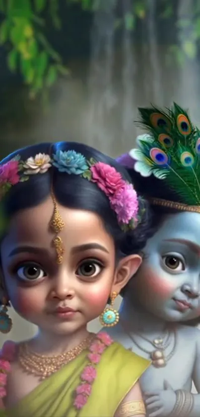 Adorable baby deities mobile wallpaper with serene background.