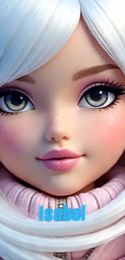 Captivating doll face with white hair and vivid eyes on mobile wallpaper.