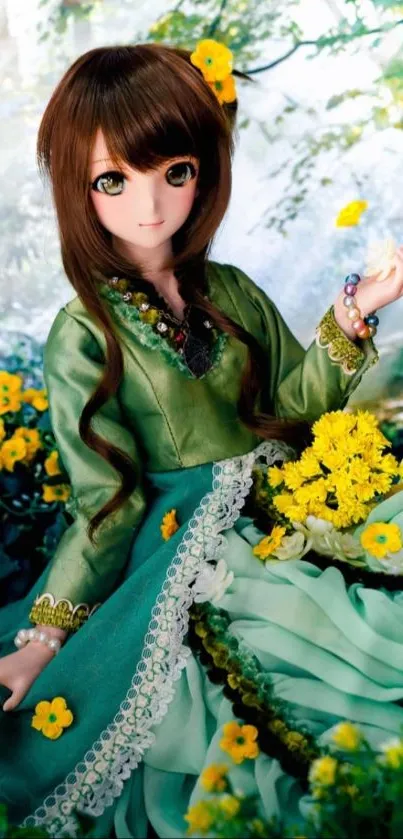 Beautiful doll in a green forest with yellow flowers.