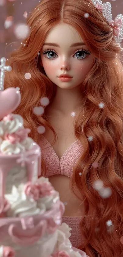 Doll with red hair next to pink cake