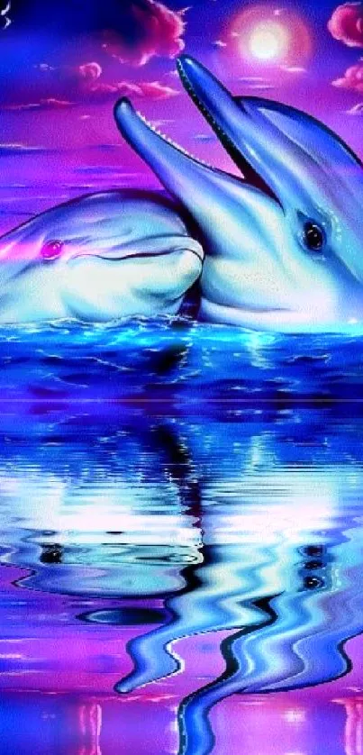 Two dolphins in vibrant blue, under a dreamy sky, reflecting on water.