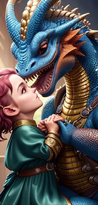 A young girl embraces a large blue dragon in a whimsical fantasy scene.