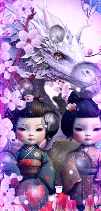 Enchanting dragon and dolls with cherry blossoms in artistic wallpaper.