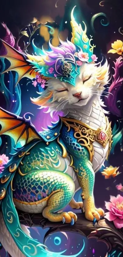 Vibrant fantasy art of a dragon cat with colorful feathers and flowers.