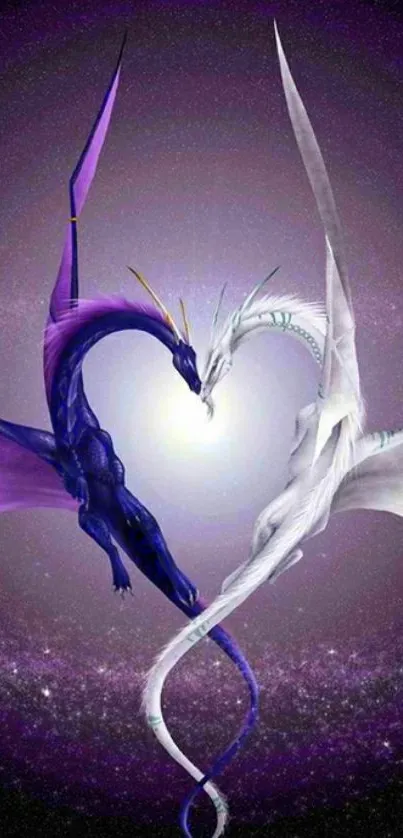 Purple and white dragons form a heart shape on a cosmic background.