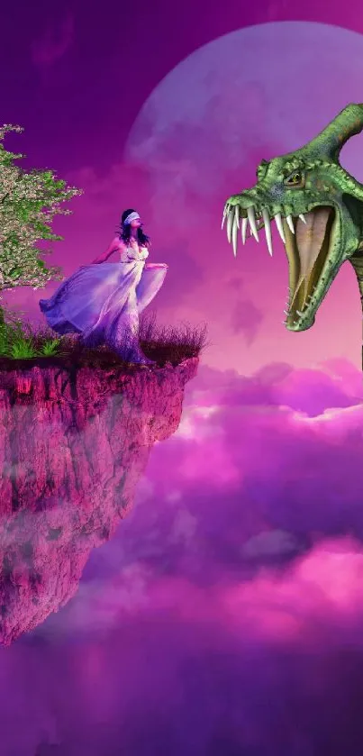 Fantasy scene with dragon and princess on a floating island under purple sky.