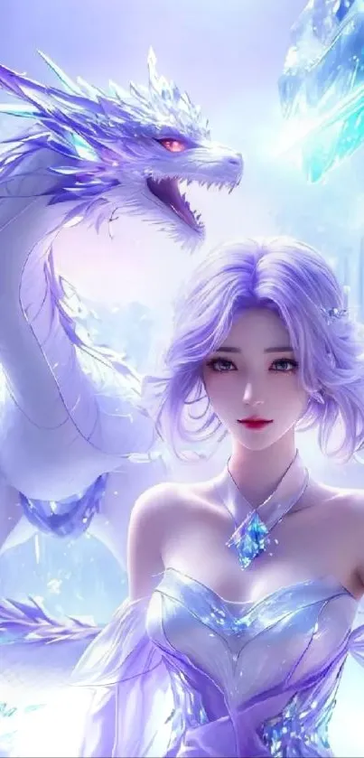 Enchanting fantasy art with a dragon and character in icy landscape.